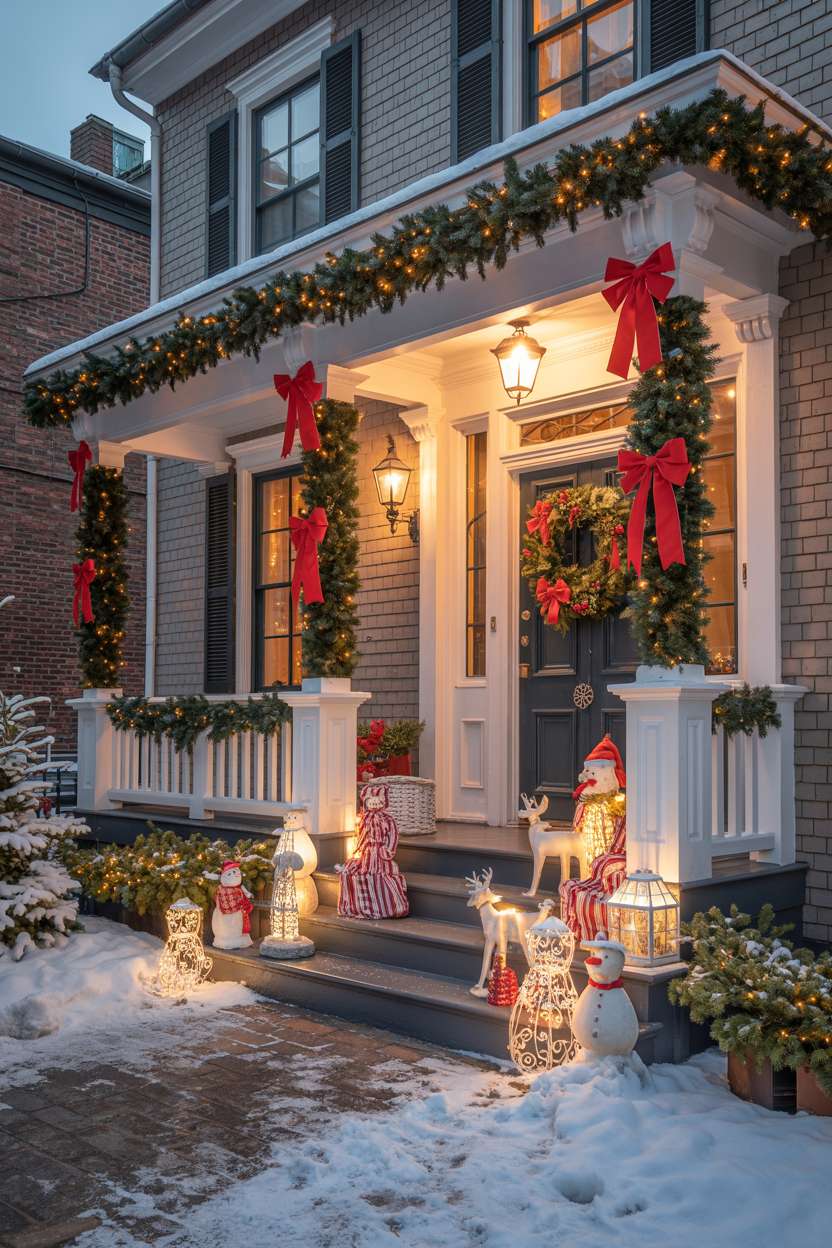 Wide-angle city porch with elaborate decorations, snowmen, reindeer figurines, and vintage lanterns