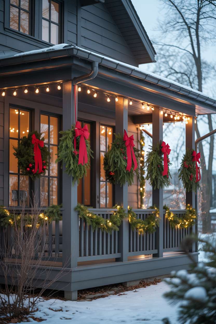 Contemporary porch with dark gray siding, symmetrical wreaths, white fairy lights, and clean lines
