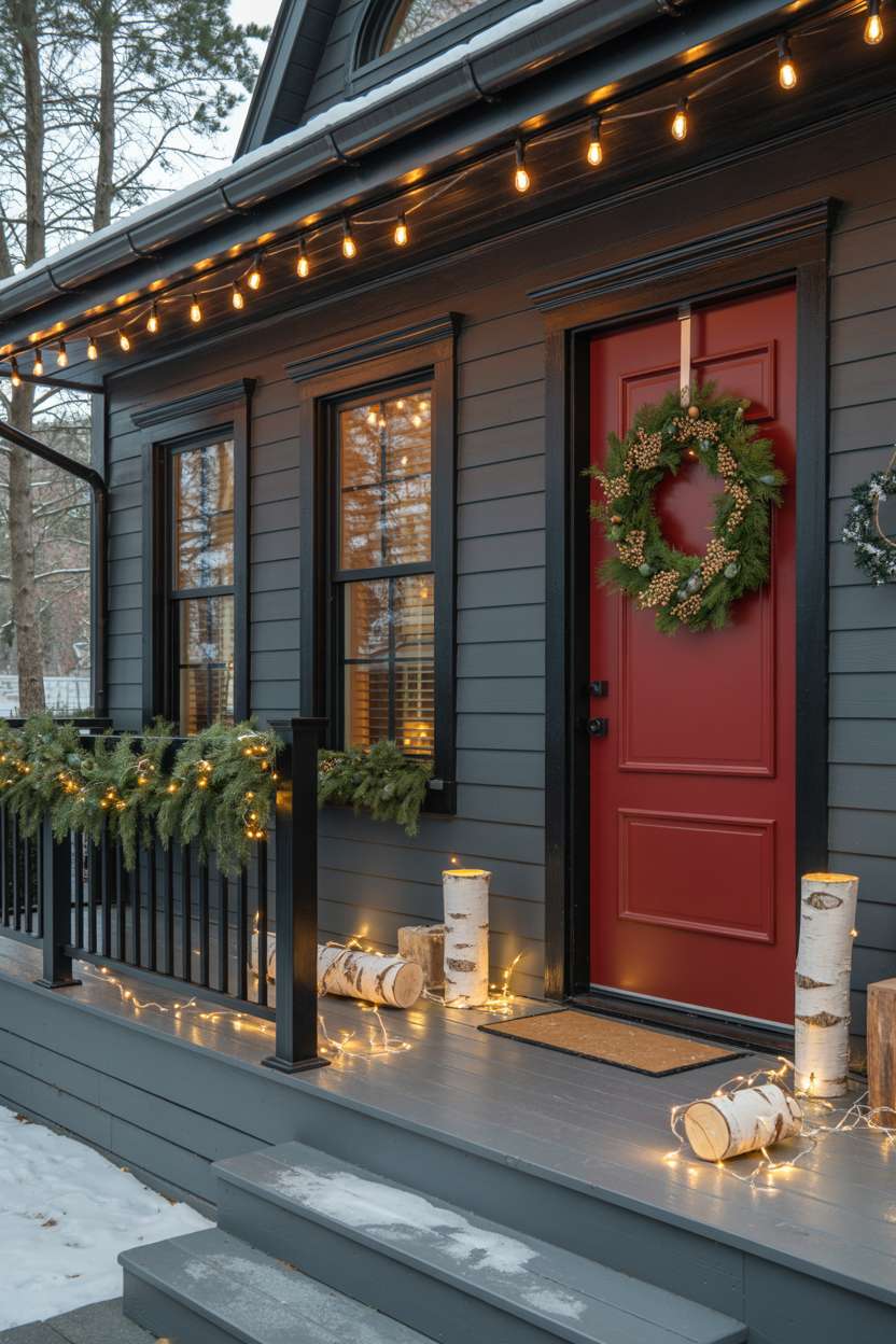 Modern porch with dark gray siding, black metal railing, red door, and illuminated birch logs