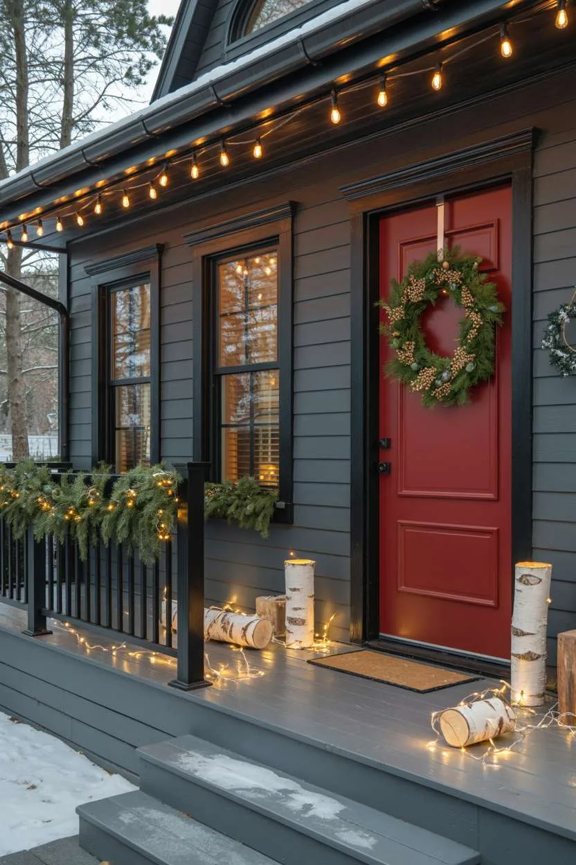 Modern porch with dark gray siding, black metal railing, red door, and illuminated birch logs
