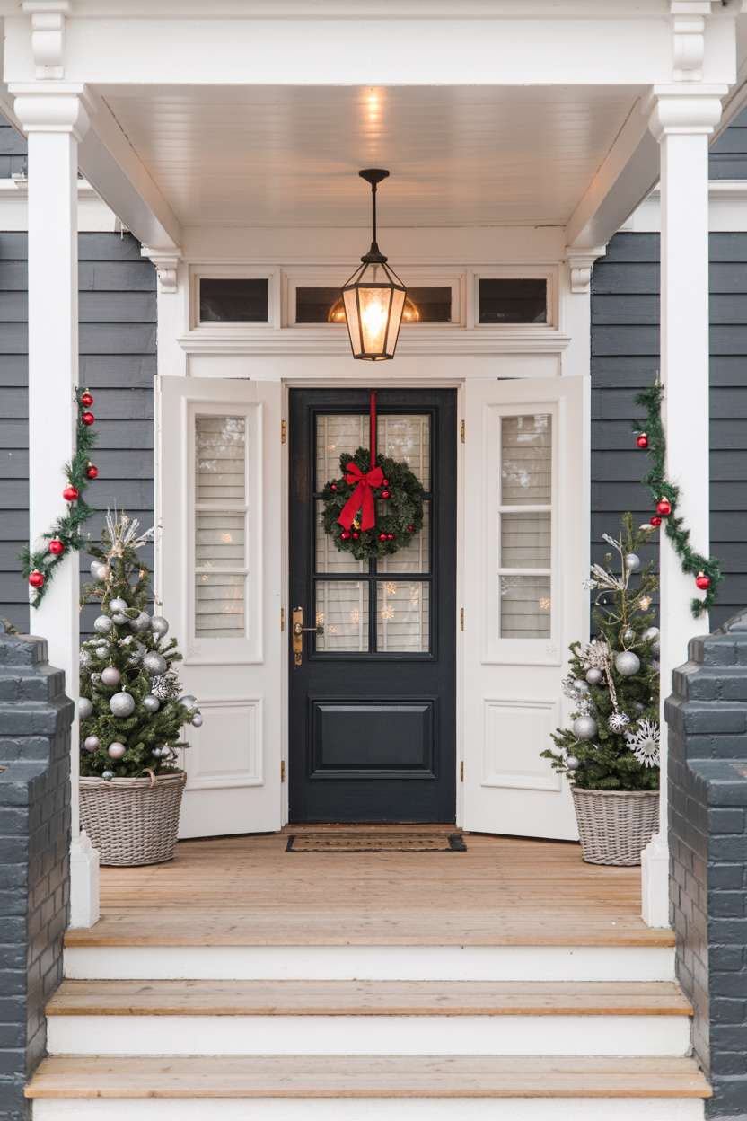 Black door entrance with white panels, green wreath, matching Christmas trees in baskets, and lantern lighting