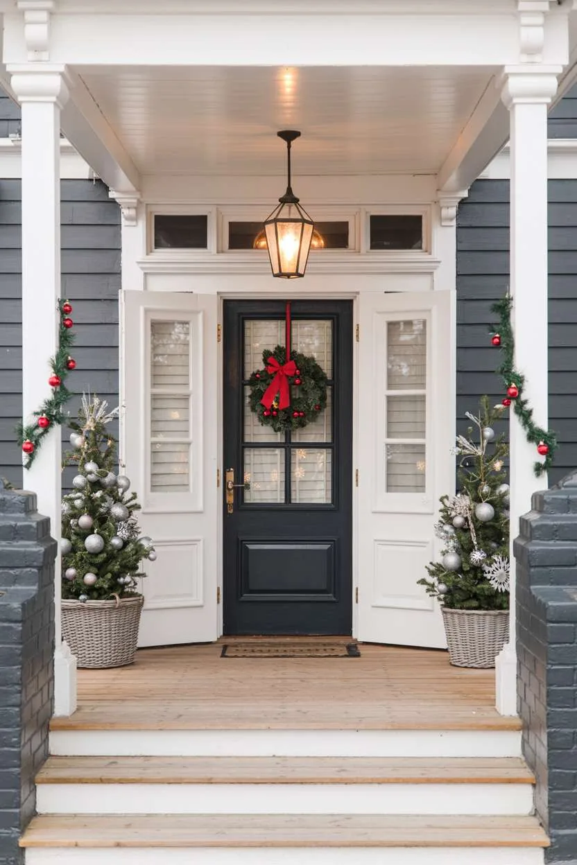 Black door entrance with white panels, green wreath, matching Christmas trees in baskets, and lantern lighting