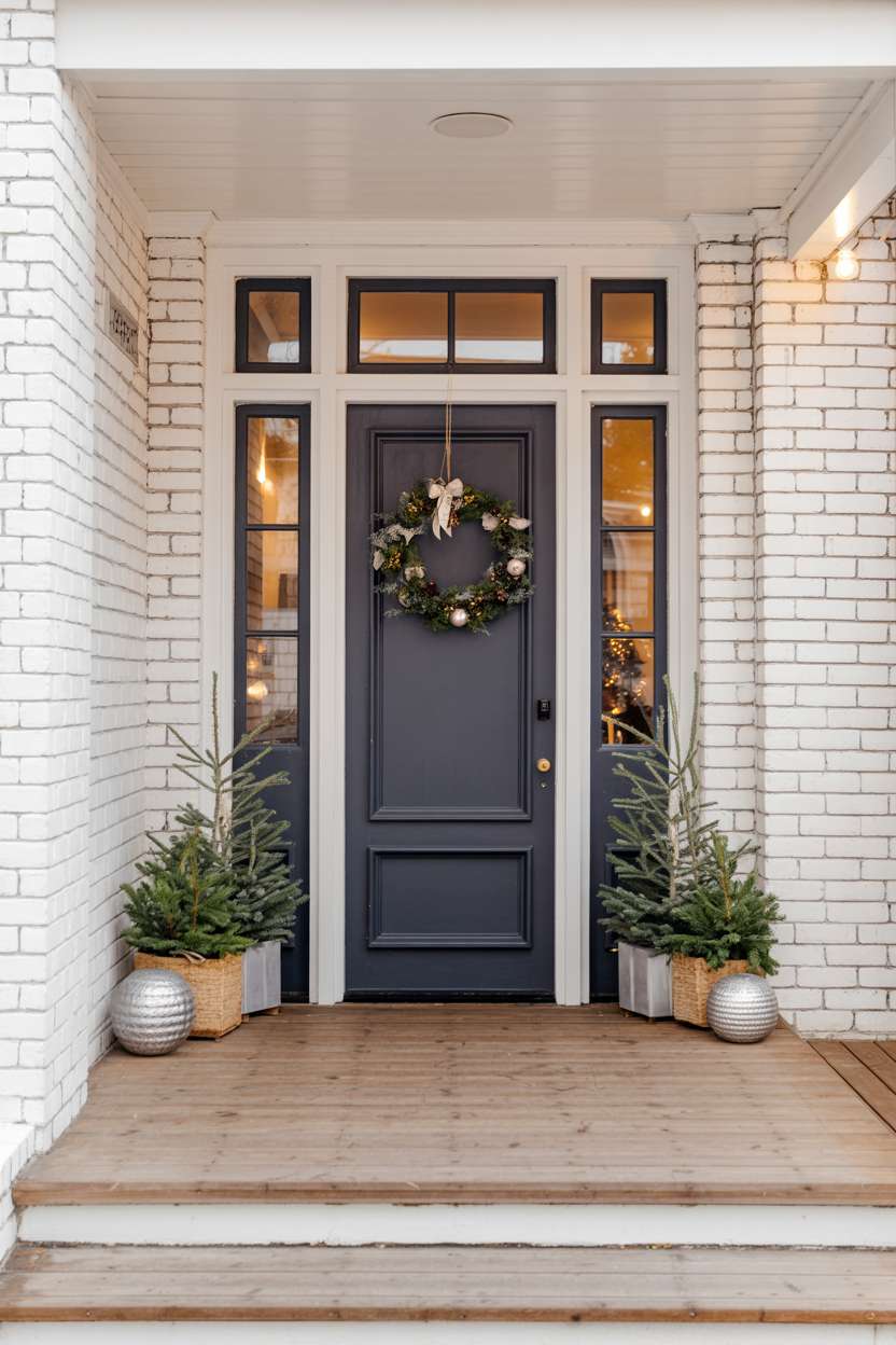 Modern double-panel door with glass sidelights, circular wreath, and symmetrical evergreen trees