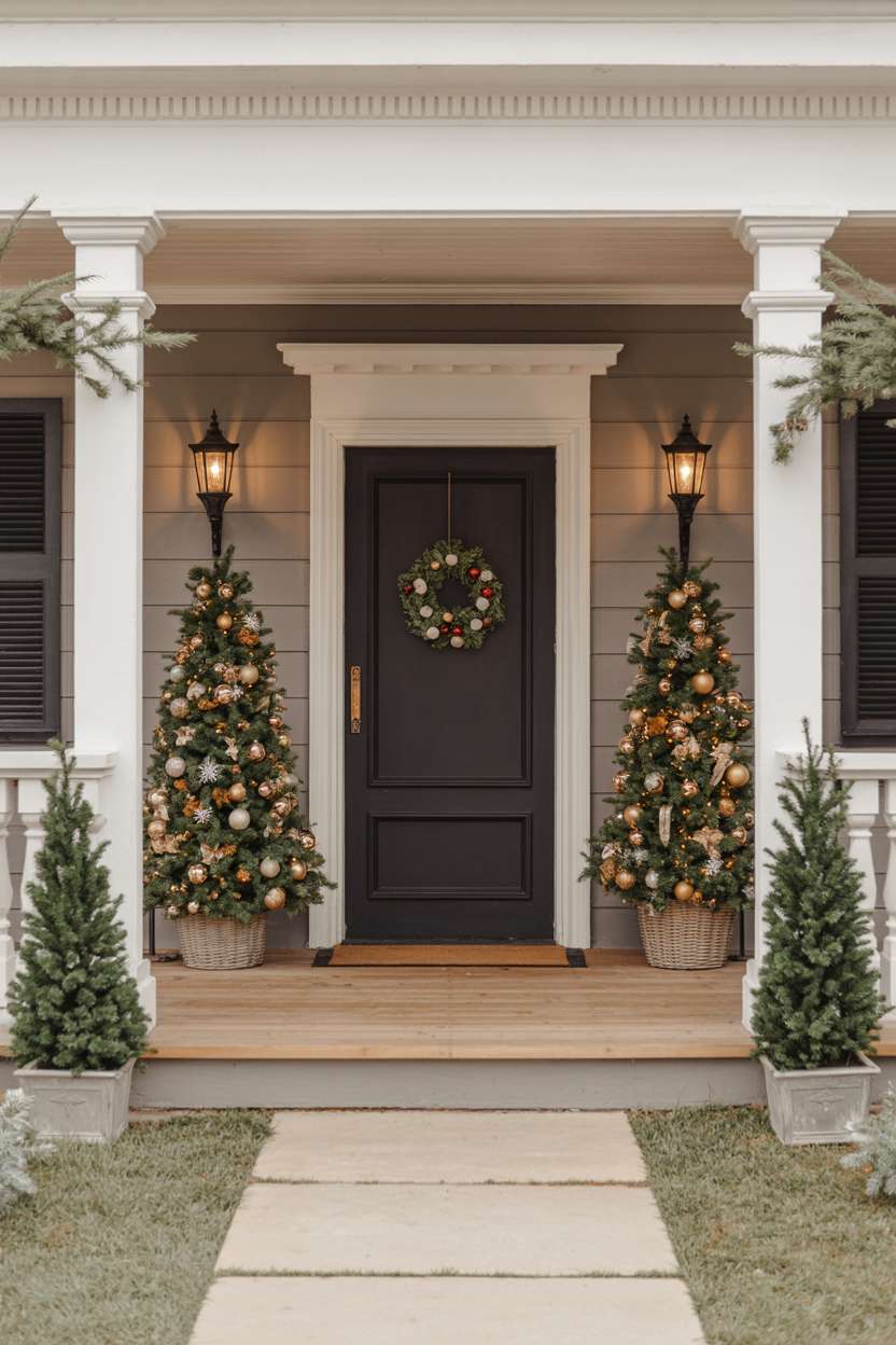 Traditional porch with white columns, tall Christmas trees in planters, and black metal lanterns