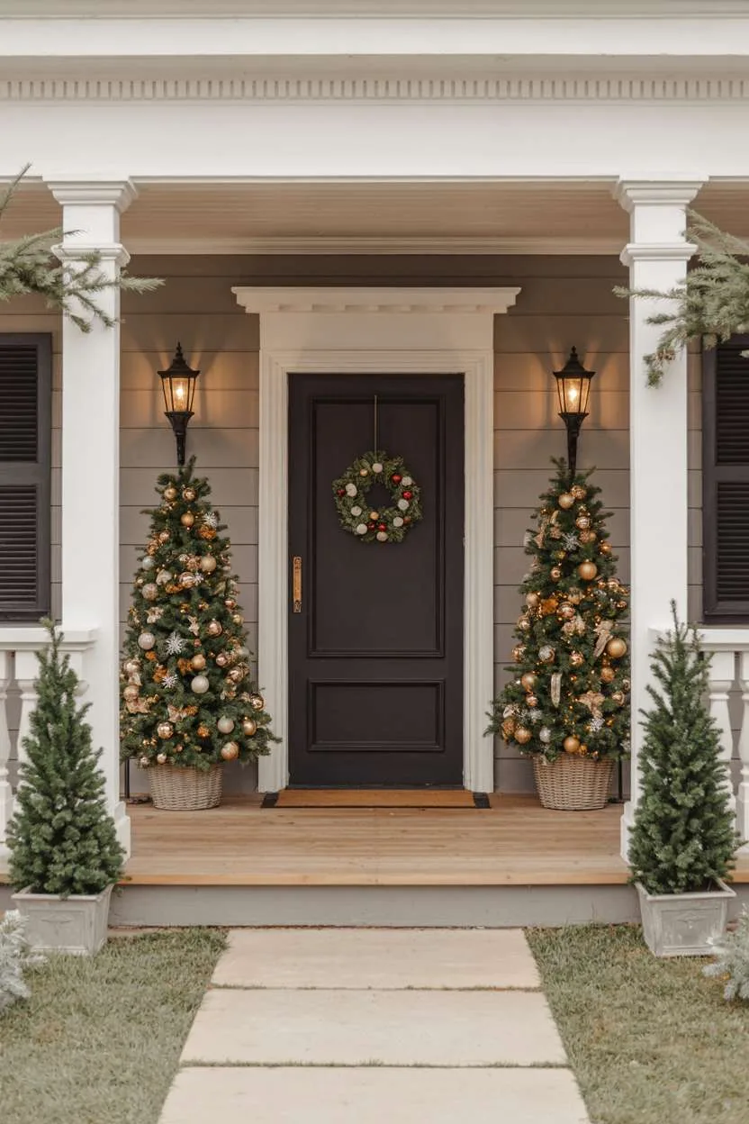 Traditional porch with white columns, tall Christmas trees in planters, and black metal lanterns