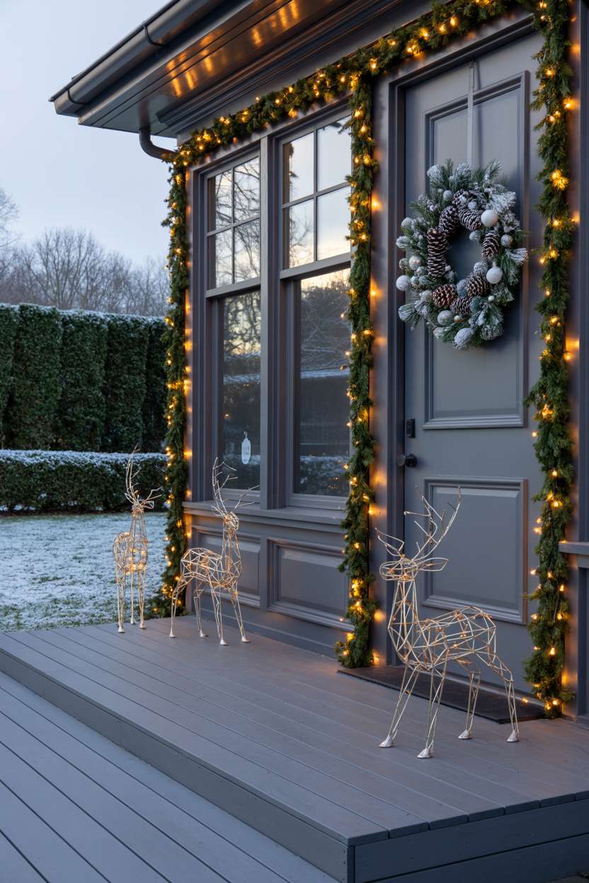 Modern porch with dark gray floor, white trim, minimalist wreath, and geometric metal reindeer