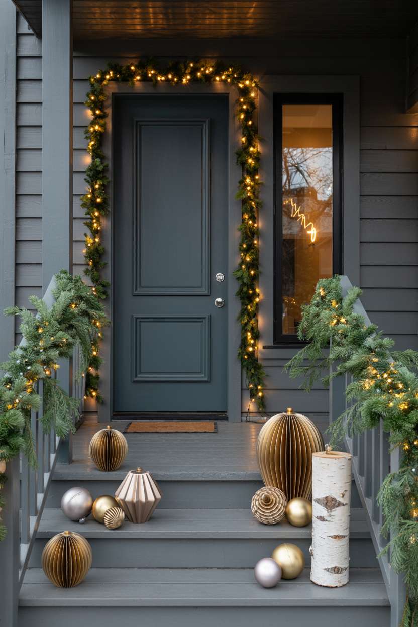 Modern home's porch with grey railing, dark teal door, and geometric ornaments on steps