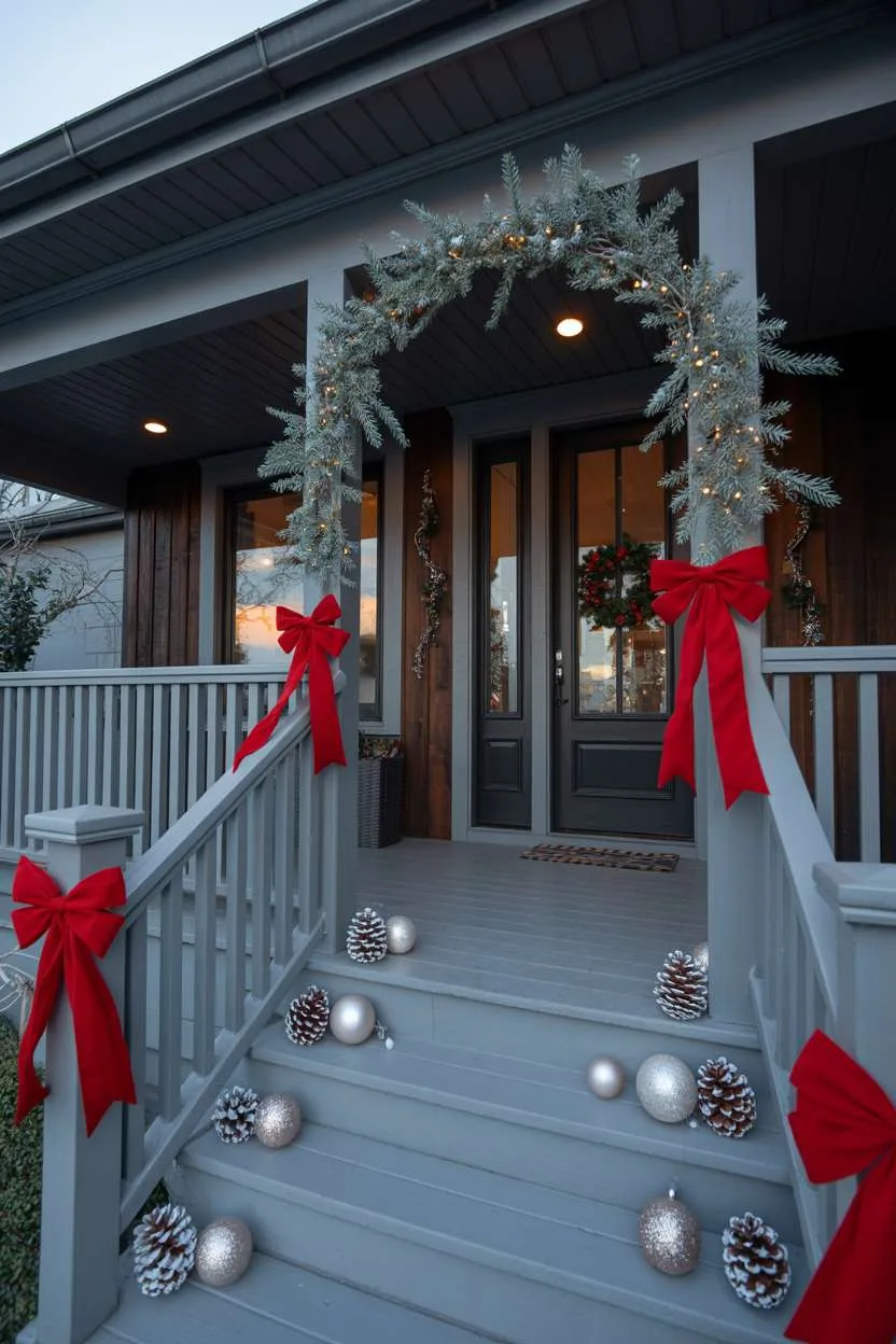Modern porch with grey railing, minimalist silver wreath, and elegant oversized red bows