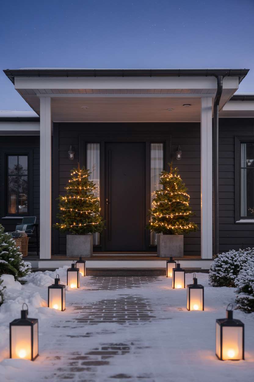 Modern porch with dark gray siding, symmetrical potted evergreens, and frosted glass lanterns
