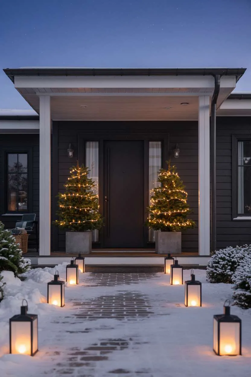Modern porch with dark gray siding, symmetrical potted evergreens, and frosted glass lanterns