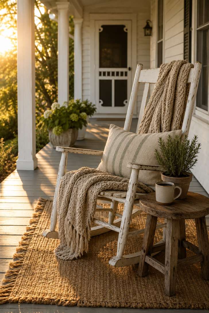 Farmhouse rocking chair with neutral throw blanket and linen pillow on a gray painted porch