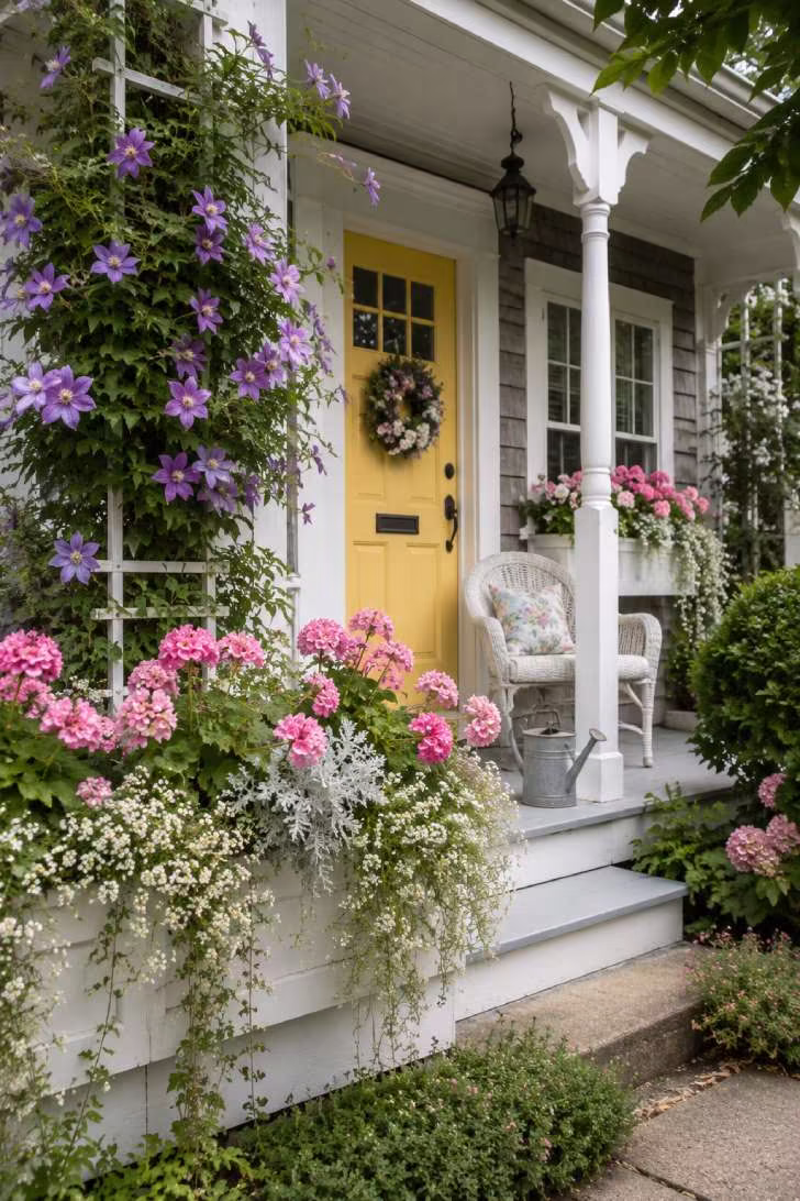 Cottage porch with overflowing window boxes of pink geraniums and climbing purple clematis