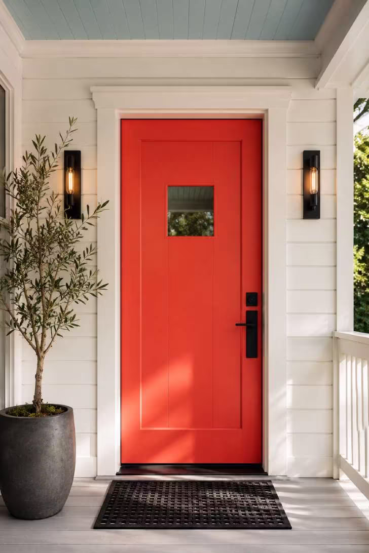Coral-red front door with black hardware against white clapboard and haint blue porch ceiling