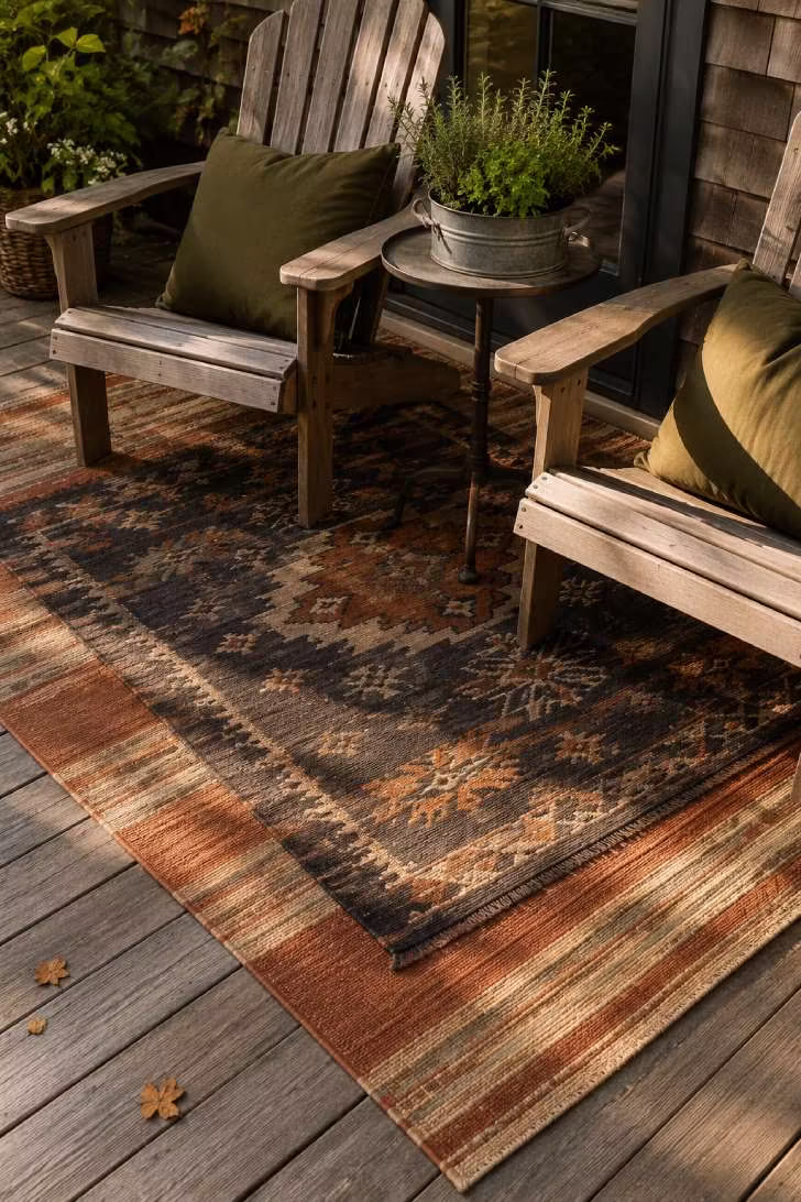 Layered outdoor rugs in terracotta stripes and kilim pattern beneath Adirondack chairs