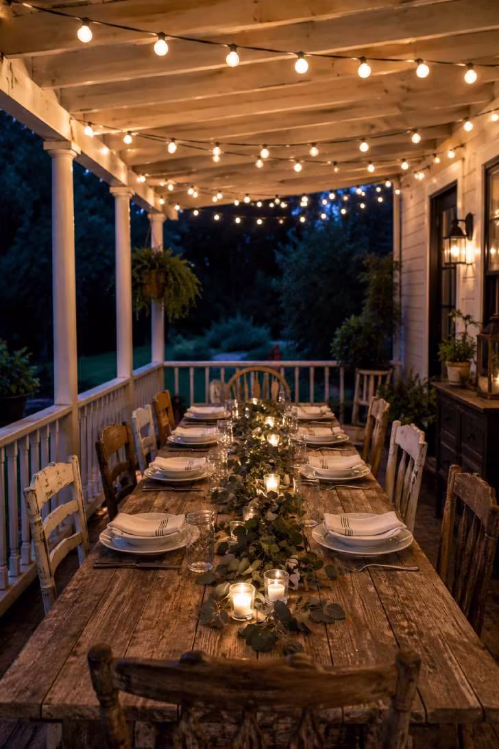 Outdoor porch dining table under string light canopy with eucalyptus centerpiece at blue hour