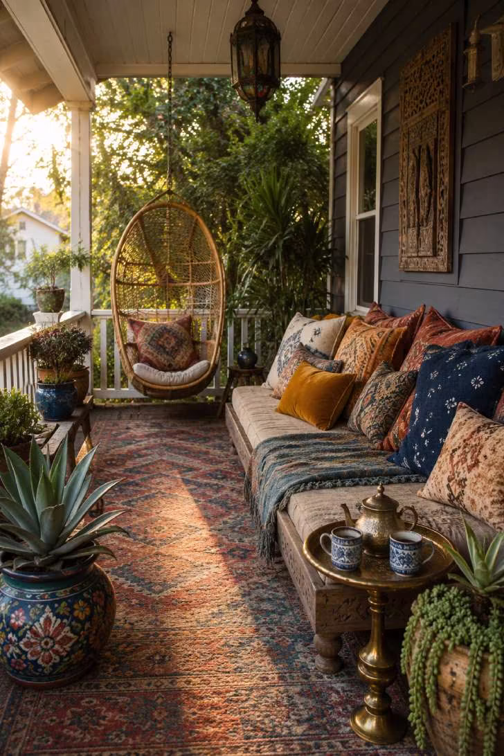 Boho porch with colorful mixed-pattern pillows on a daybed and rattan hanging chair
