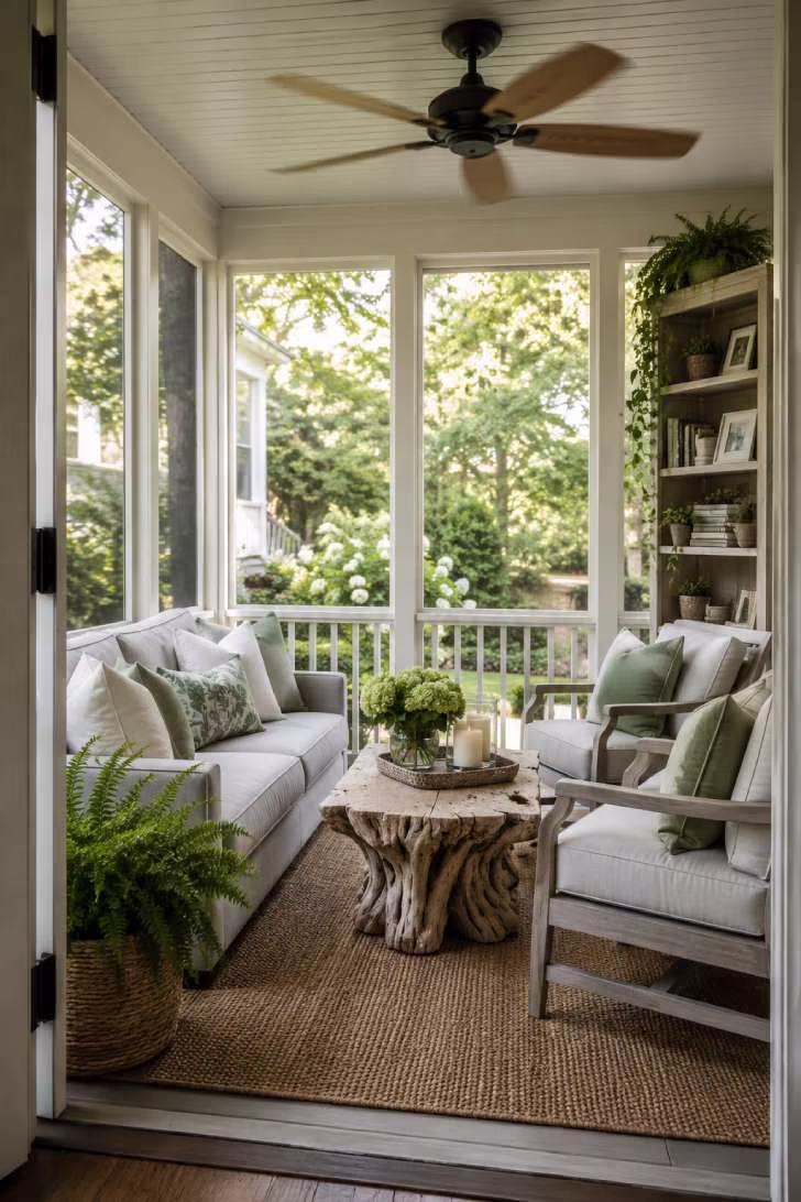 Screened-in porch with gray sofa, driftwood coffee table, and garden view through screen panels
