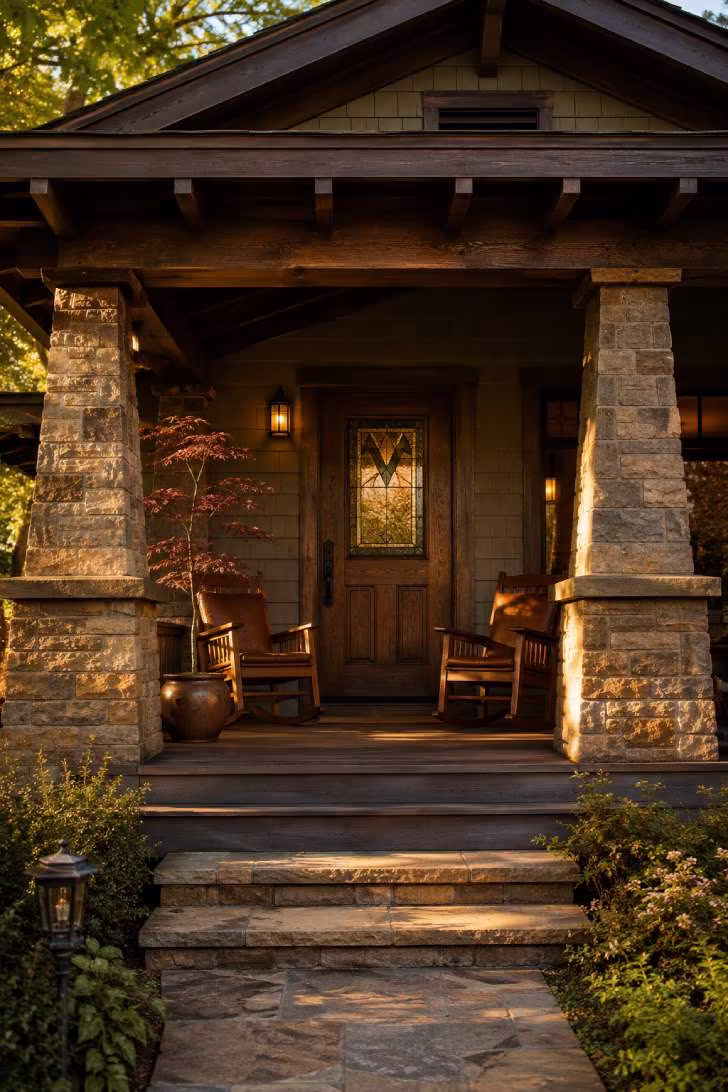 Craftsman bungalow porch with tapered stone columns, mission rocking chairs, and exposed rafters