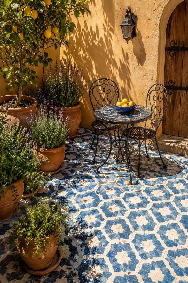 Mediterranean porch with hand-painted blue tiles, terra cotta pots, and wrought iron bistro set
