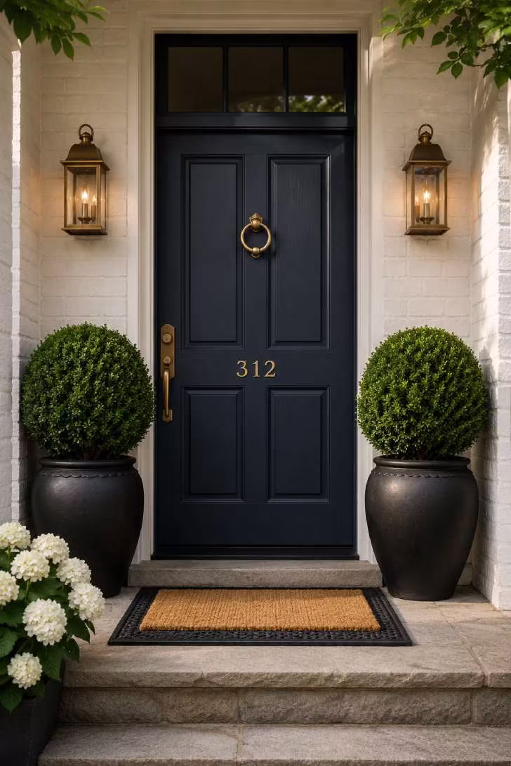 Navy blue front door with oversized black planters holding boxwood topiaries and brass hardware