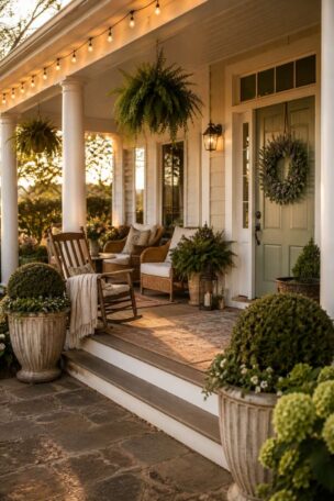 Cozy porch at sunset with a sage green door adorned with a wreath. Features a rocking chair, cushioned seats, hanging ferns, and string lights.