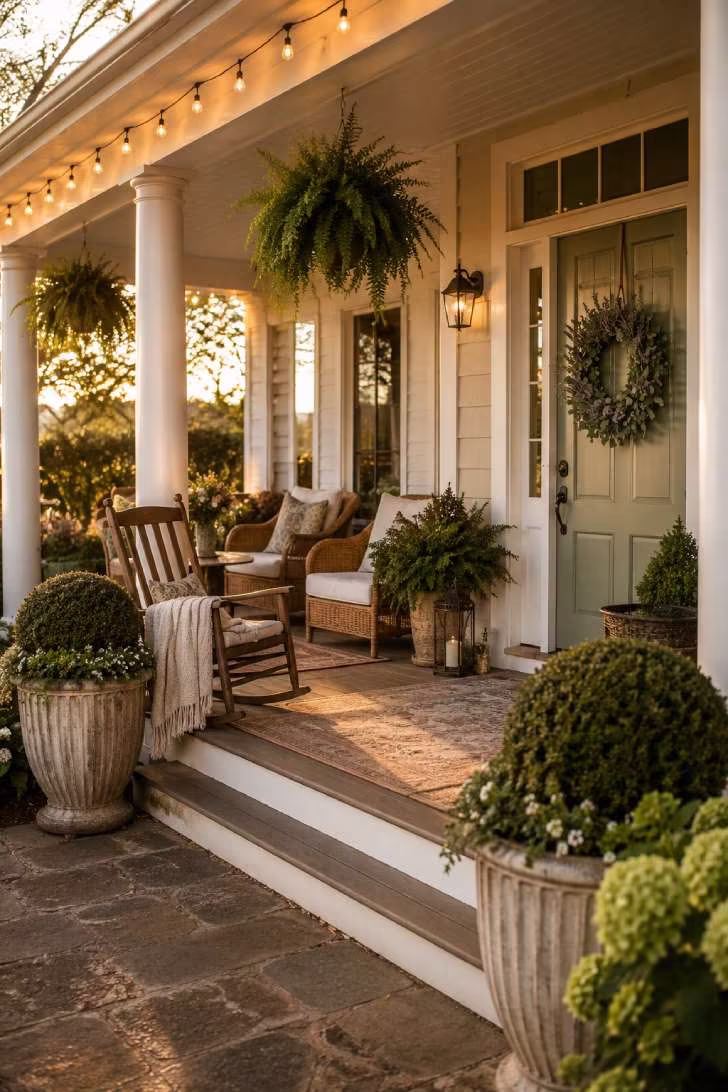 Cozy porch at sunset with a sage green door adorned with a wreath. Features a rocking chair, cushioned seats, hanging ferns, and string lights.