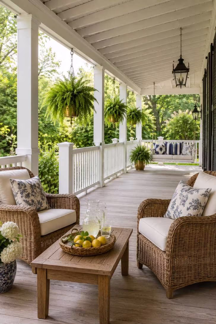 Wrap around porch with wicker armchair conversation area and hanging porch swing in the background