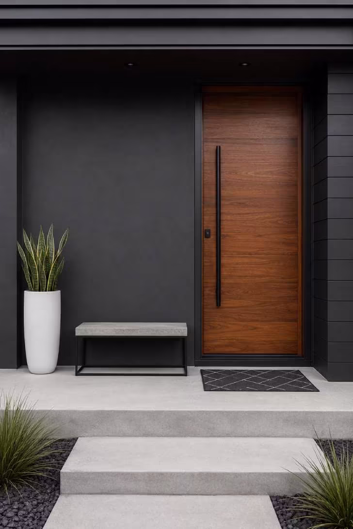 Modern minimalist front porch with concrete bench, snake plant, and walnut wood door