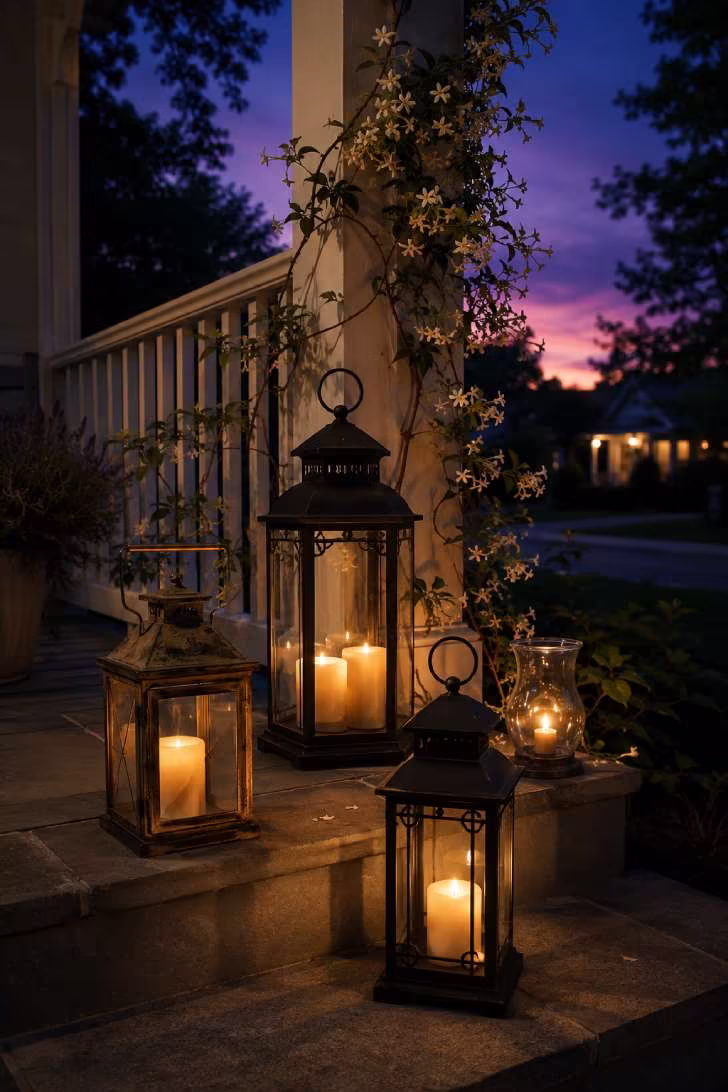 Collection of vintage lanterns with warm LED glow arranged on front porch steps at dusk
