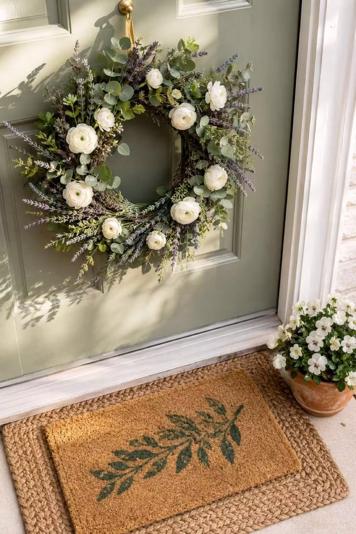 Spring eucalyptus and ranunculus wreath on a sage green door with layered doormats