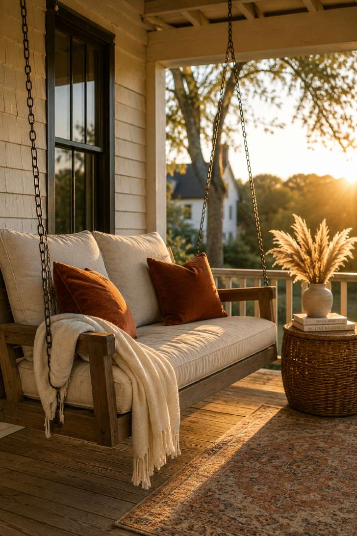 Deep-seated wooden porch swing with linen cushions and rust velvet pillows at golden hour