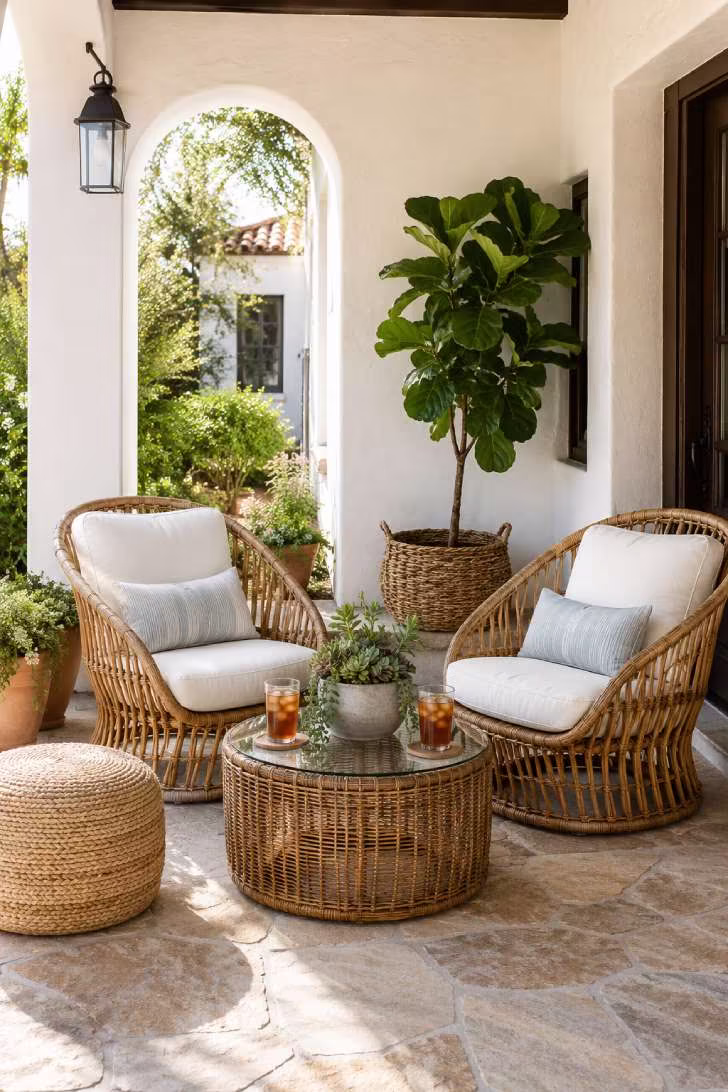 Natural rattan lounge chairs with white cushions and wicker coffee table on a stone porch