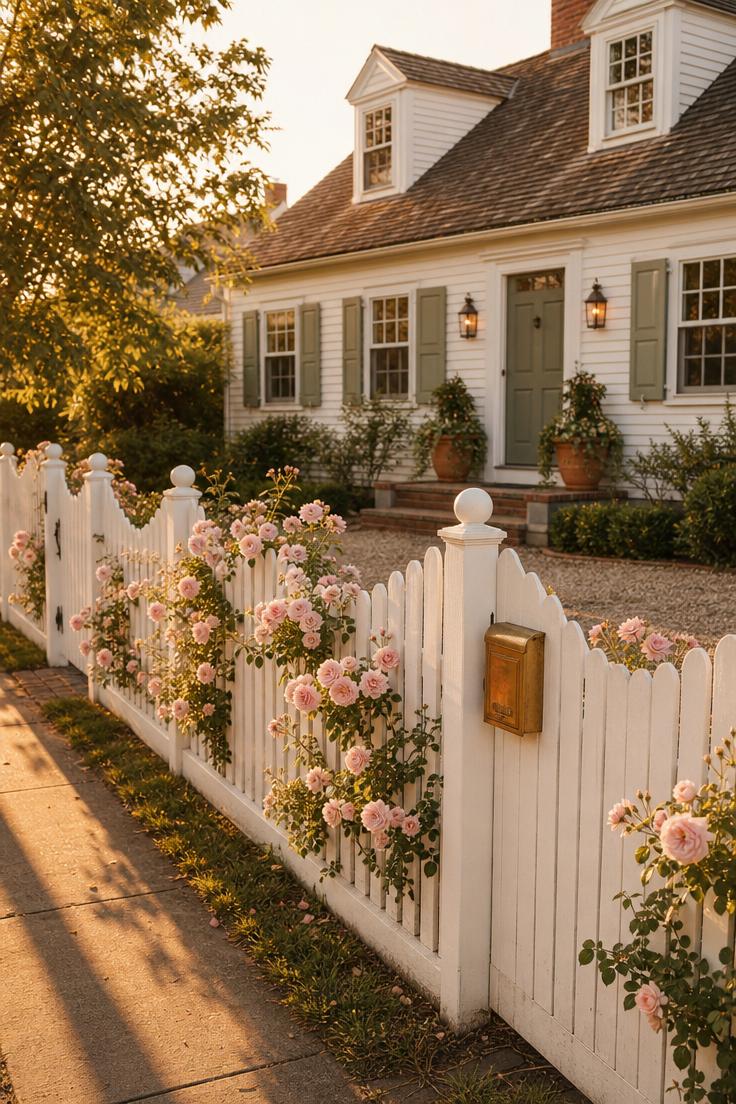 13 Charming Front Yard Fence Ideas That Boost Curb Appeal 1 White scalloped picket fence with climbing pink roses along a Cape Cod cottage front yard during golden hour