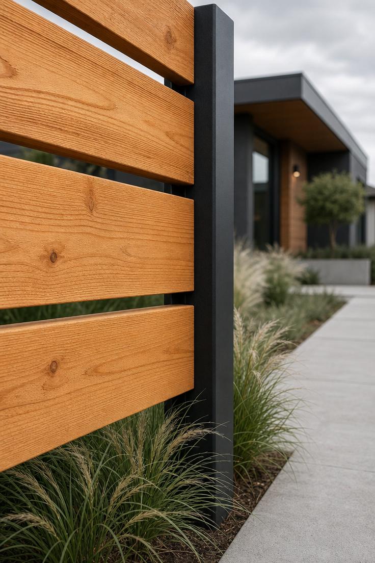 13 Charming Front Yard Fence Ideas That Boost Curb Appeal 2 Close-up of raw cedar horizontal slat fence with matte black steel posts on an overcast day