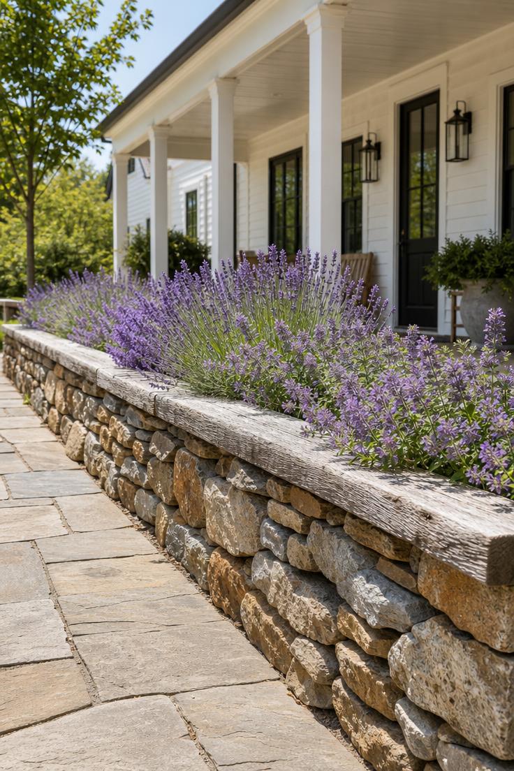 13 Charming Front Yard Fence Ideas That Boost Curb Appeal 3 Dry-stacked fieldstone wall with weathered oak rail cap along a farmhouse front yard in bright midday light
