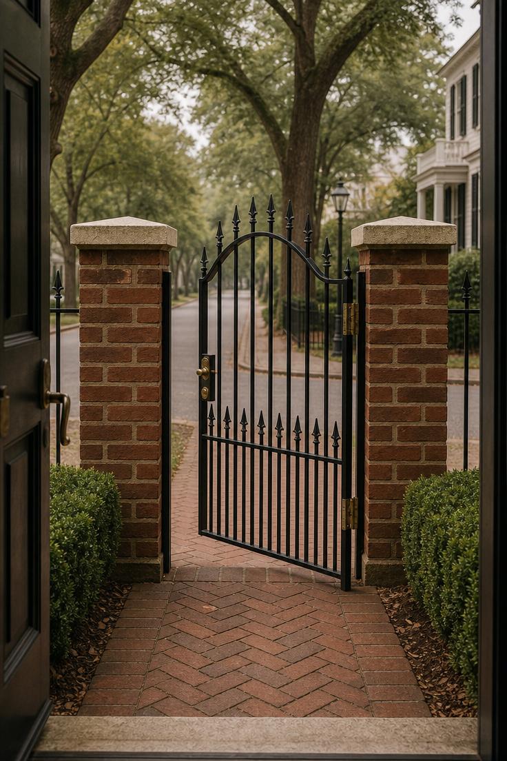 13 Charming Front Yard Fence Ideas That Boost Curb Appeal 4 Matte black wrought iron fence with spear-top finials between brick piers seen from the doorway threshold