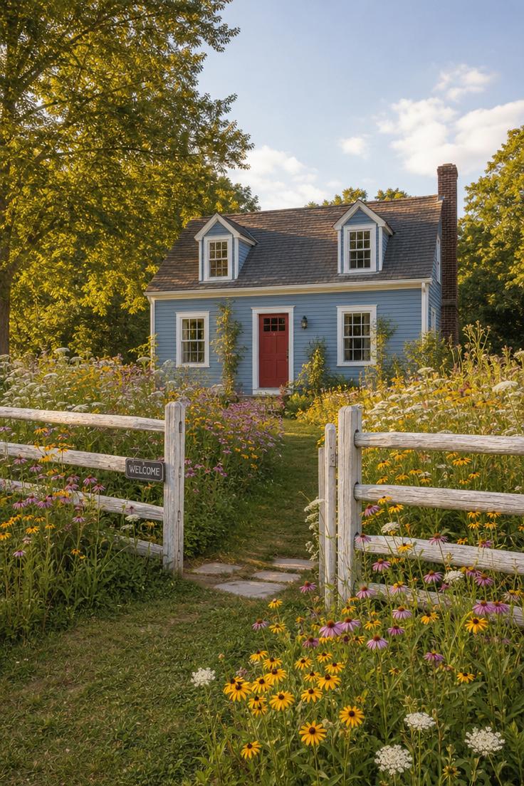 13 Charming Front Yard Fence Ideas That Boost Curb Appeal 5 Whitewashed split rail fence with wildflower border along a cottage front yard in warm golden light