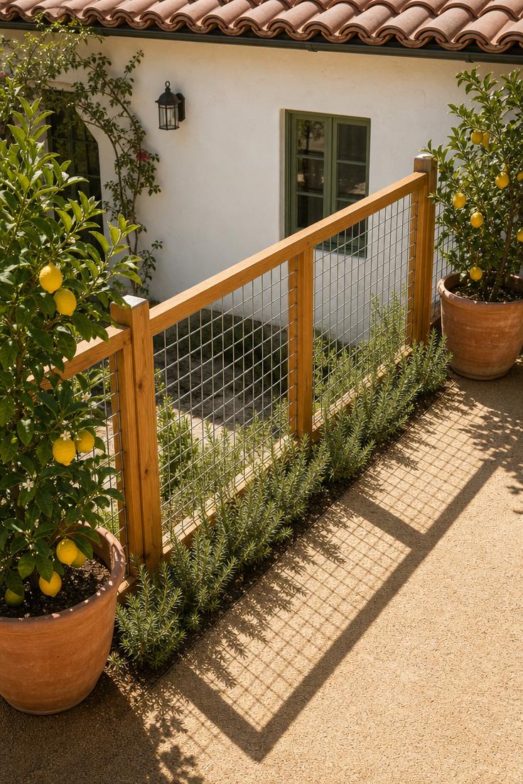 13 Charming Front Yard Fence Ideas That Boost Curb Appeal 6 Overhead view of hog wire panels in cedar frames with potted Meyer lemon trees in bright midday light