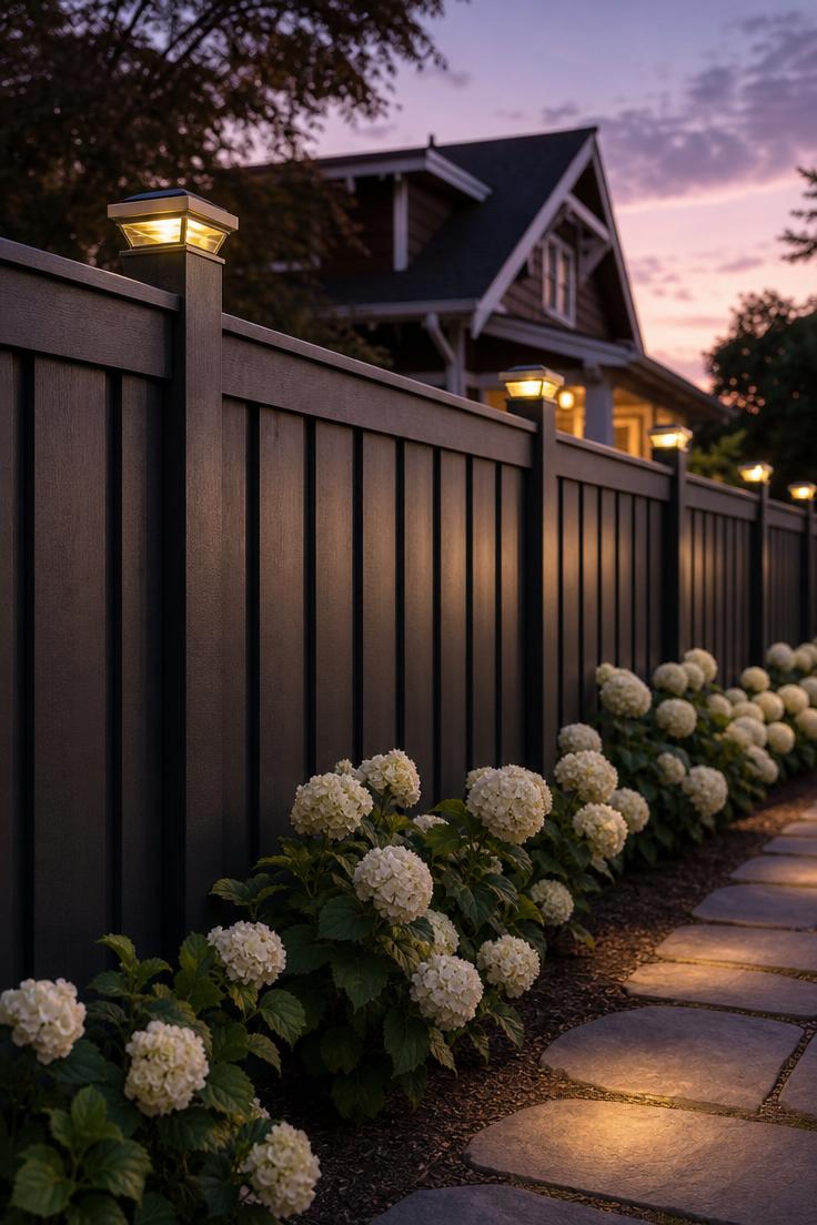 13 Charming Front Yard Fence Ideas That Boost Curb Appeal 7 Charcoal-stained board-on-board fence with brass cap lights glowing at dusk