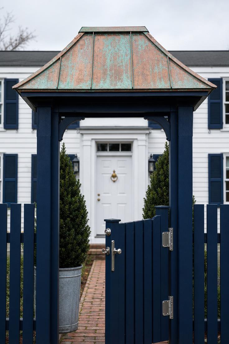 13 Charming Front Yard Fence Ideas That Boost Curb Appeal 8 Navy painted picket fence with copper-roofed arbor gate in cool overcast light