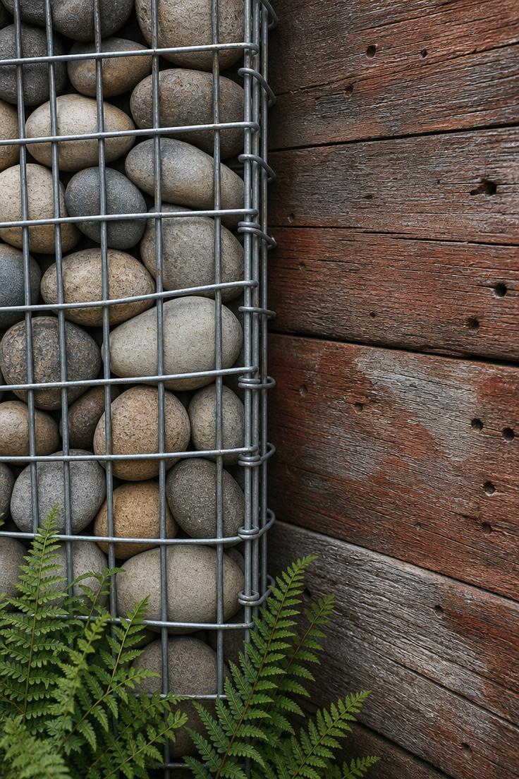 13 Charming Front Yard Fence Ideas That Boost Curb Appeal 9 Detail crop of gabion column with river rock meeting reclaimed redwood infill panel in soft diffused light