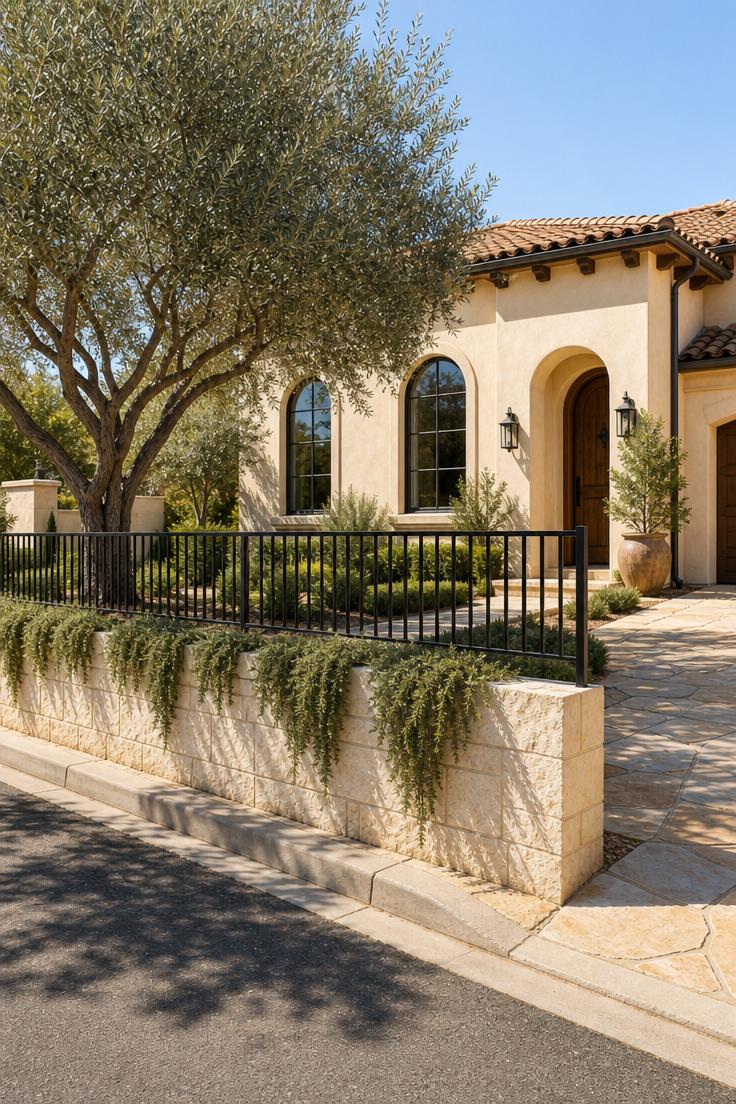 13 Charming Front Yard Fence Ideas That Boost Curb Appeal 10 Low limestone block wall with black aluminum railing along a Mediterranean home front yard in bright midday sun