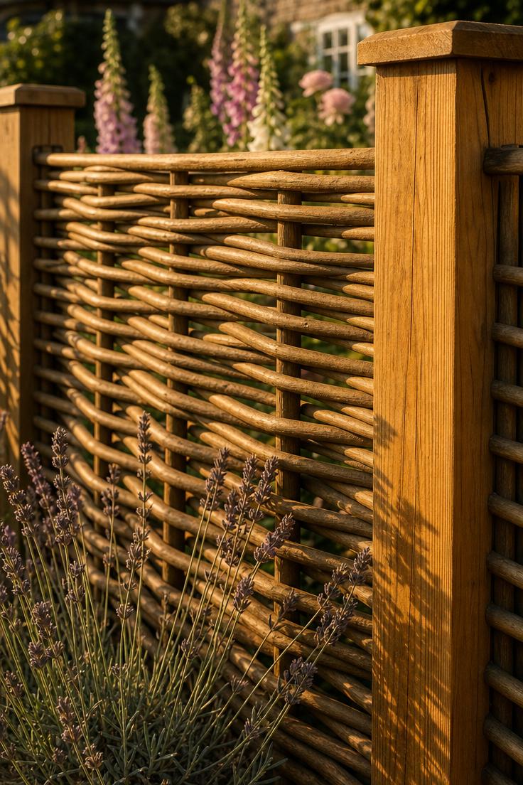 13 Charming Front Yard Fence Ideas That Boost Curb Appeal 11 Close-up of woven willow hurdle panel between cedar posts in warm golden afternoon light