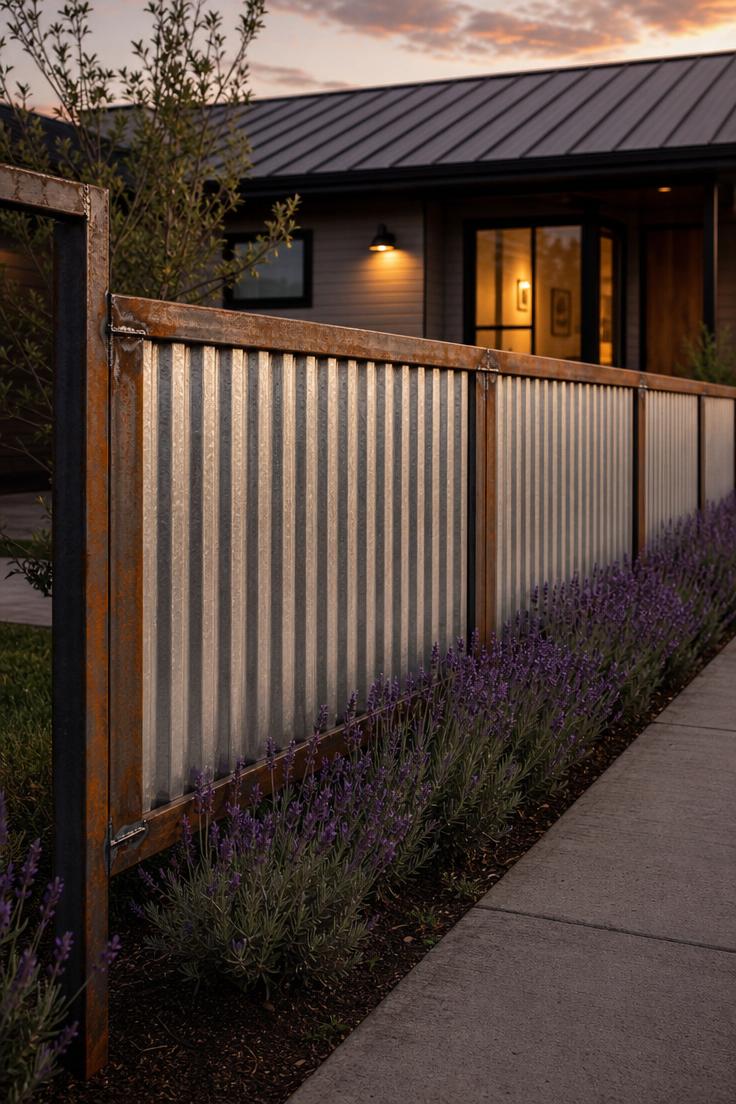 13 Charming Front Yard Fence Ideas That Boost Curb Appeal 12 Corrugated metal half-wall with raw steel frame along a modern home front yard at dusk