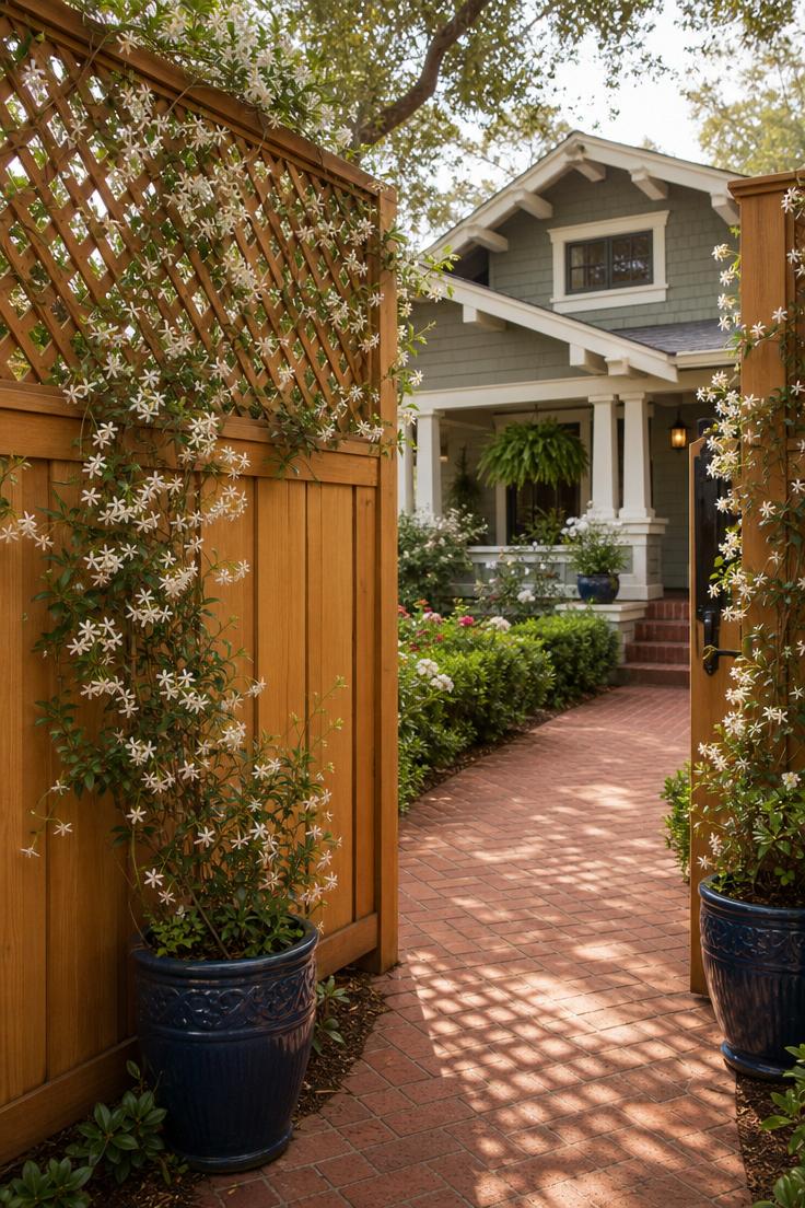 13 Charming Front Yard Fence Ideas That Boost Curb Appeal 13 Cedar lattice privacy screen with potted jasmine vines seen from the gate looking toward a Craftsman home