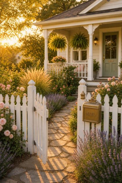 13 Charming Front Yard Fence Ideas That Boost Curb Appeal Charming white picket fence with open gate leading to a cottage garden and welcoming front porch in golden hour light