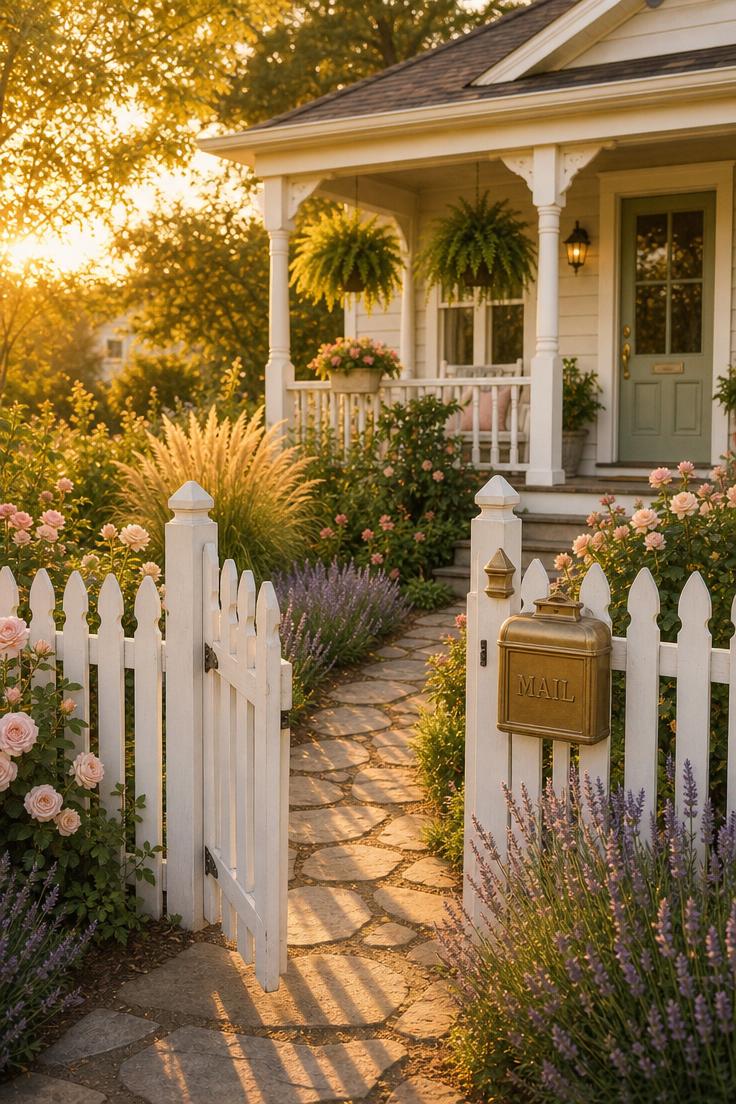 Simple Spaces 14 Charming white picket fence with open gate leading to a cottage garden and welcoming front porch in golden hour light