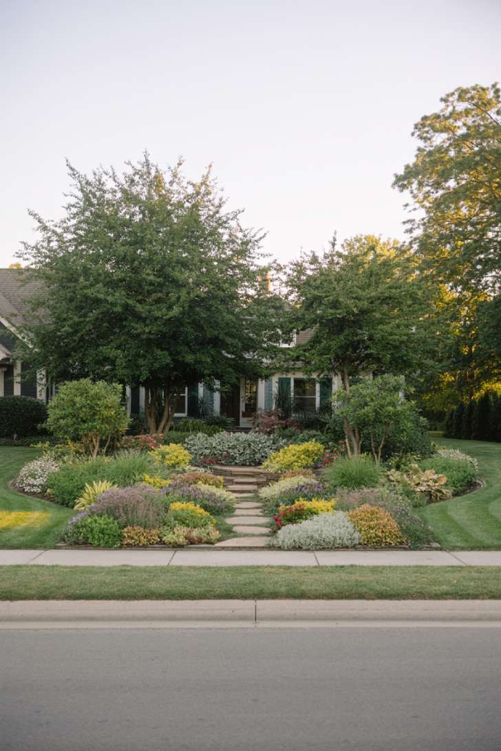 17 Gorgeous Front Yard Garden Design Ideas for Curb Appeal 5 Panoramic view of front yard with layered plantings and curved pathway