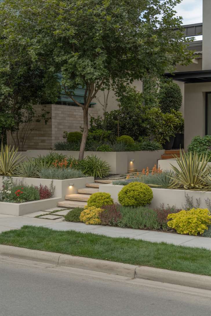 17 Gorgeous Front Yard Garden Design Ideas for Curb Appeal 9 Contemporary landscape with geometric planting beds and accent lighting