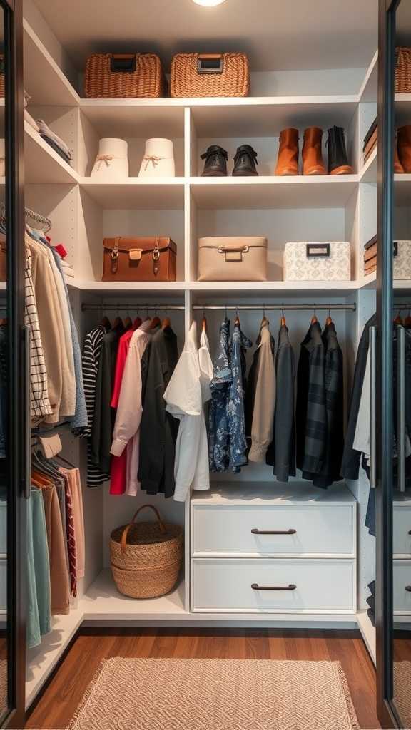 A stylish and organized closet with shelves, clothing, and accessories.